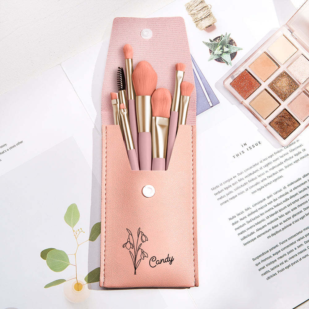 Personalized Birth Flower Leather Makeup Brush Bag with 8 Pcs Makeup Brushes Birthday Gift for Her - 