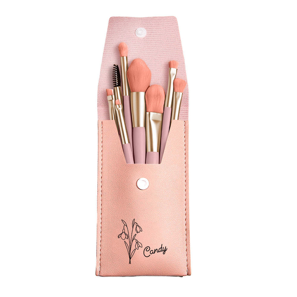 Personalized Birth Flower Leather Makeup Brush Bag with 8 Pcs Makeup Brushes Birthday Gift for Her - 