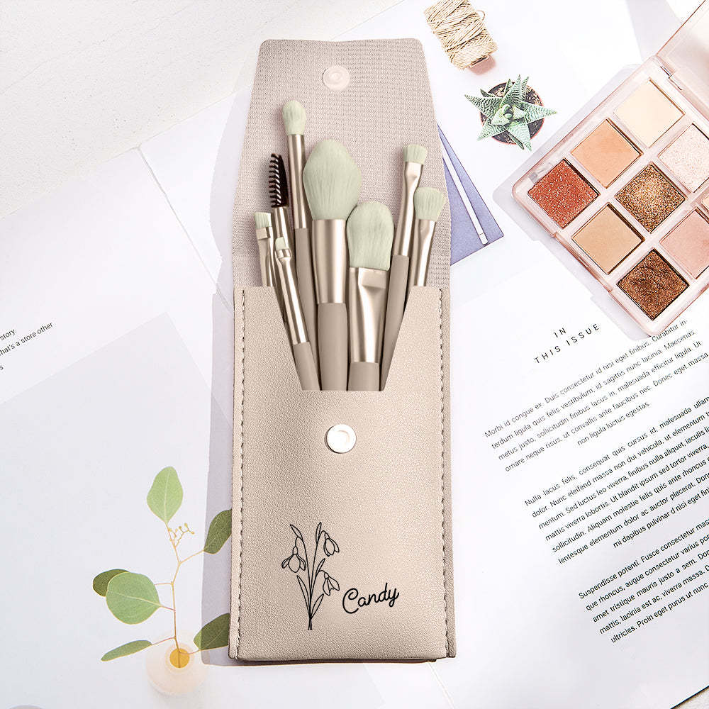 Personalized Birth Flower Leather Makeup Brush Bag with 8 Pcs Makeup Brushes Birthday Gift for Her - 