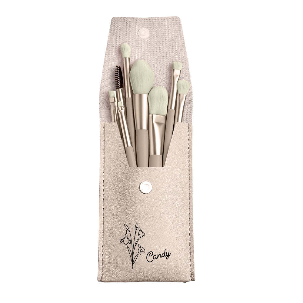 Personalized Birth Flower Leather Makeup Brush Bag with 8 Pcs Makeup Brushes Birthday Gift for Her - 