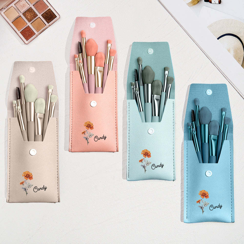 Personalized Birth Flower Leather Makeup Brush Bag with 8 Pcs Makeup Brushes Birthday Wedding Gift - 