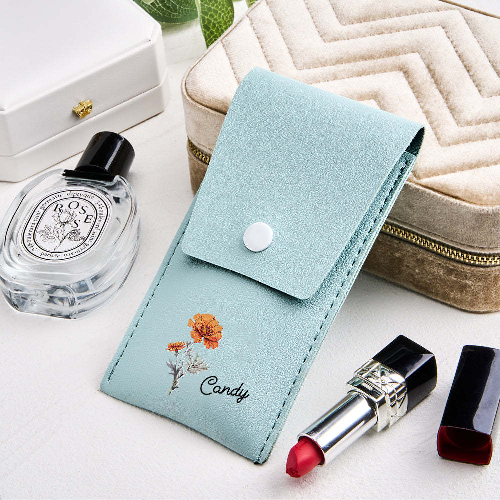 Personalized Birth Flower Leather Makeup Brush Bag with 8 Pcs Makeup Brushes Birthday Wedding Gift - 