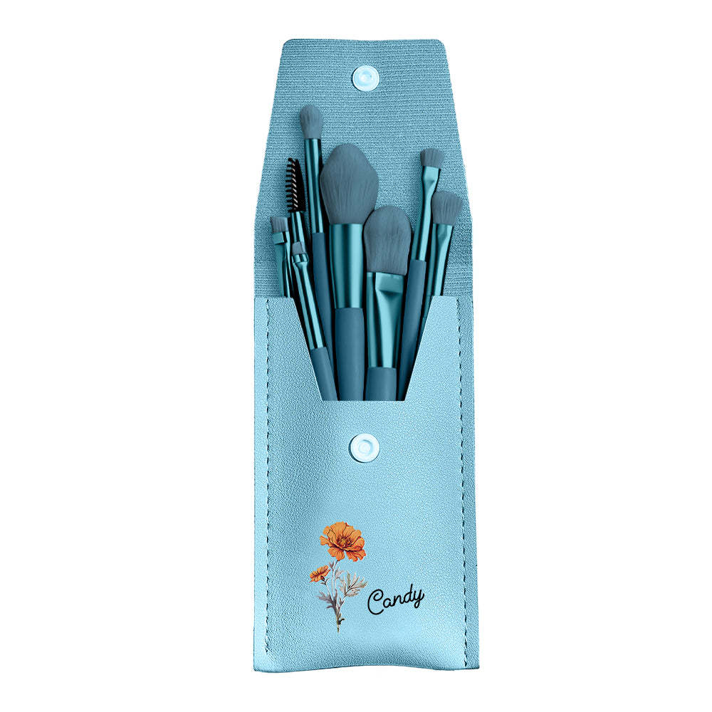 Personalized Birth Flower Leather Makeup Brush Bag with 8 Pcs Makeup Brushes Birthday Wedding Gift - 