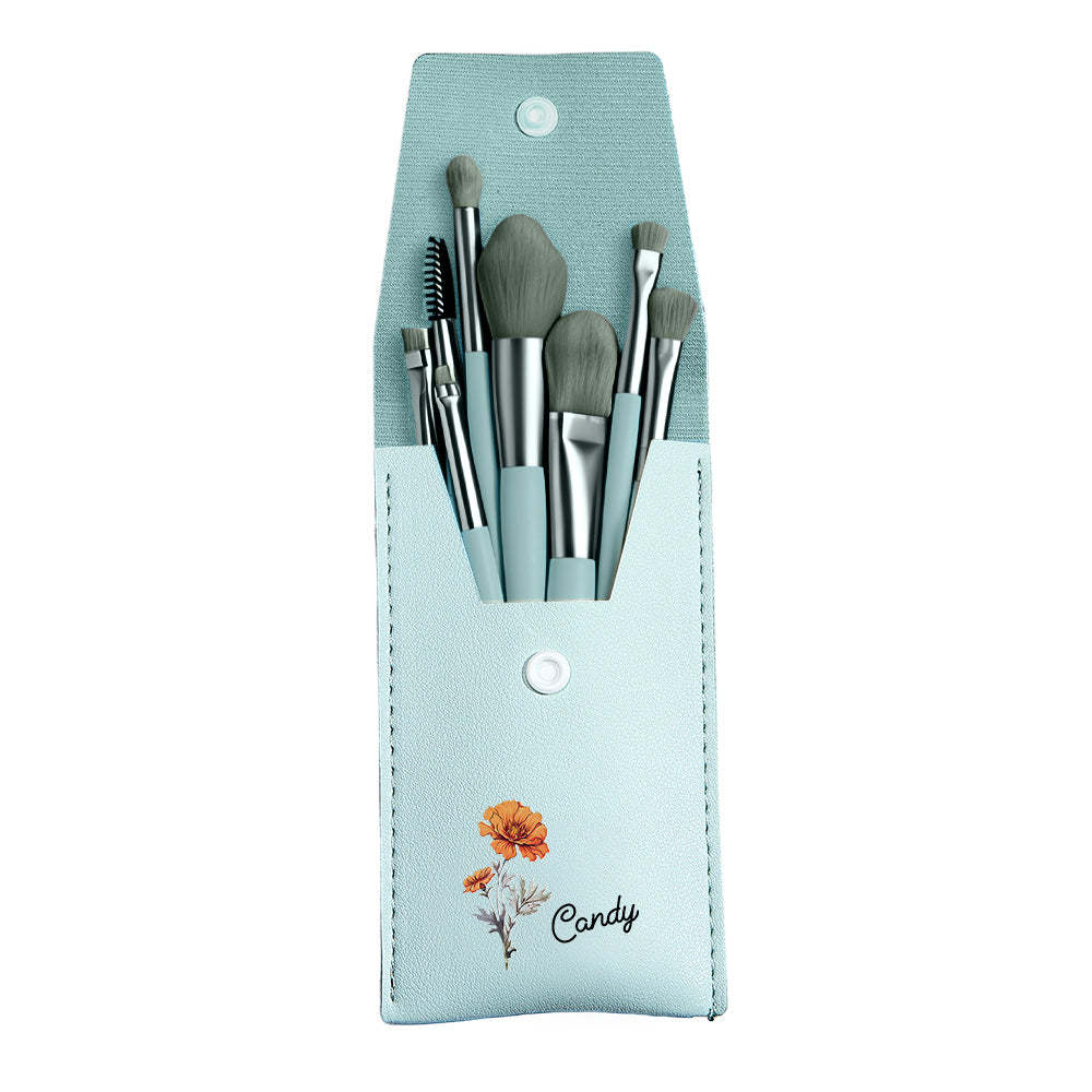 Personalized Birth Flower Leather Makeup Brush Bag with 8 Pcs Makeup Brushes Birthday Wedding Gift - 