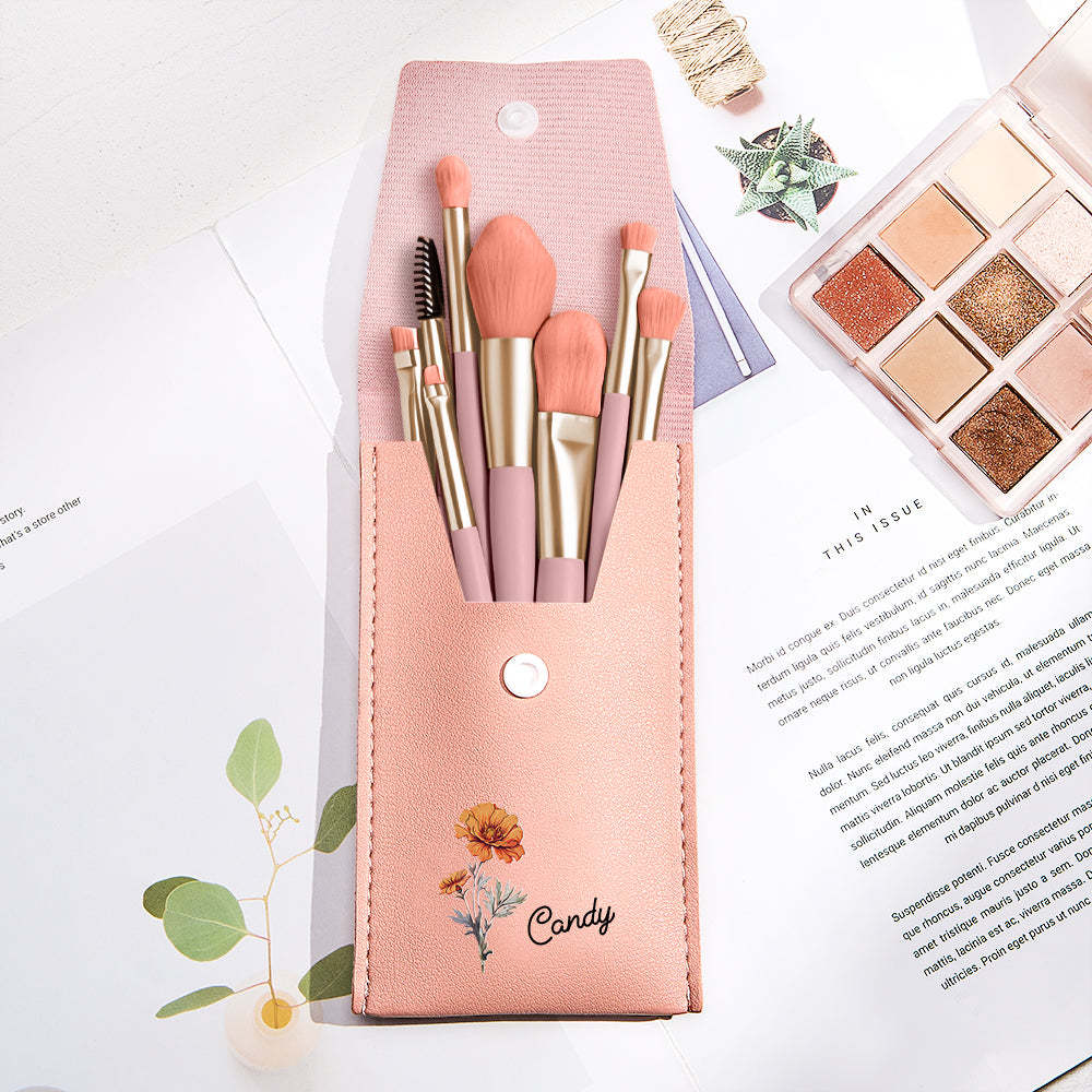 Personalized Birth Flower Leather Makeup Brush Bag with 8 Pcs Makeup Brushes Birthday Wedding Gift - 