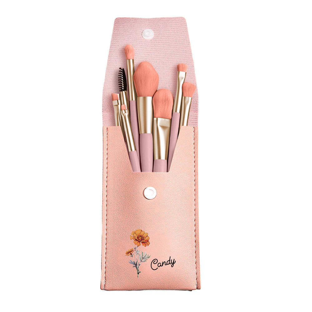Personalized Birth Flower Leather Makeup Brush Bag with 8 Pcs Makeup Brushes Birthday Wedding Gift - 