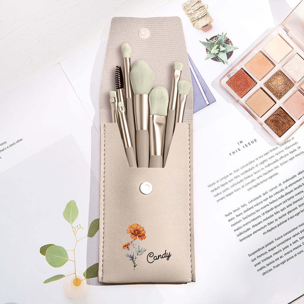 Personalized Birth Flower Leather Makeup Brush Bag with 8 Pcs Makeup Brushes Birthday Wedding Gift - 