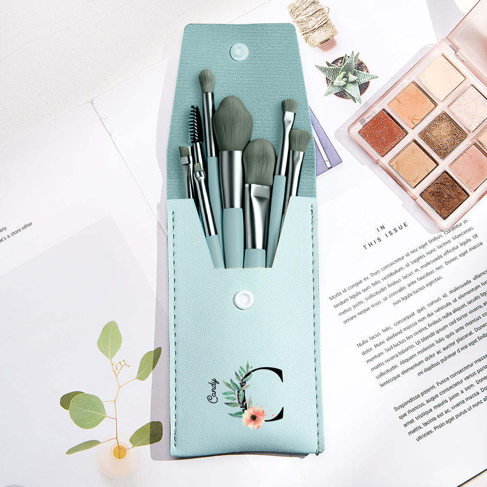 Personalized Flower Leather Makeup Brush Bag with 8 Pcs Makeup Brushes Gift for Her - 