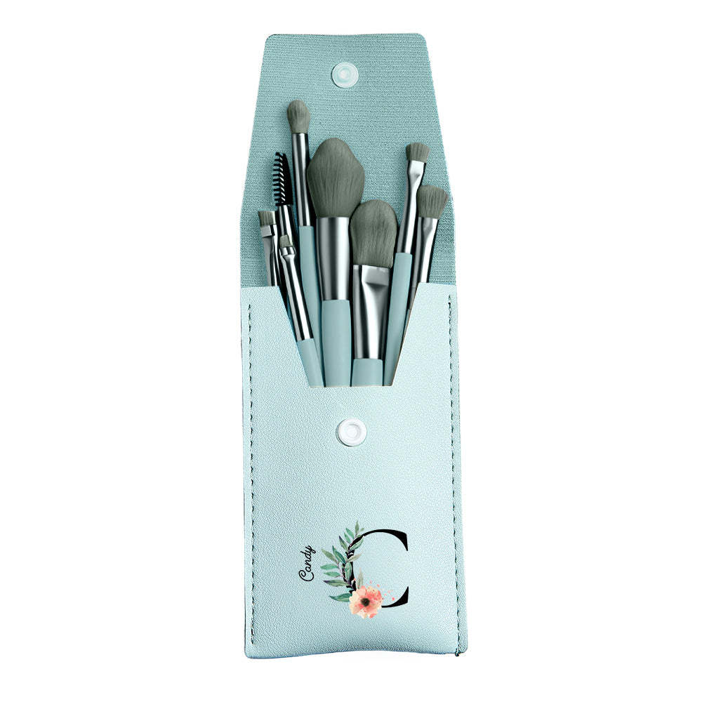 Personalized Flower Leather Makeup Brush Bag with 8 Pcs Makeup Brushes Gift for Her - 