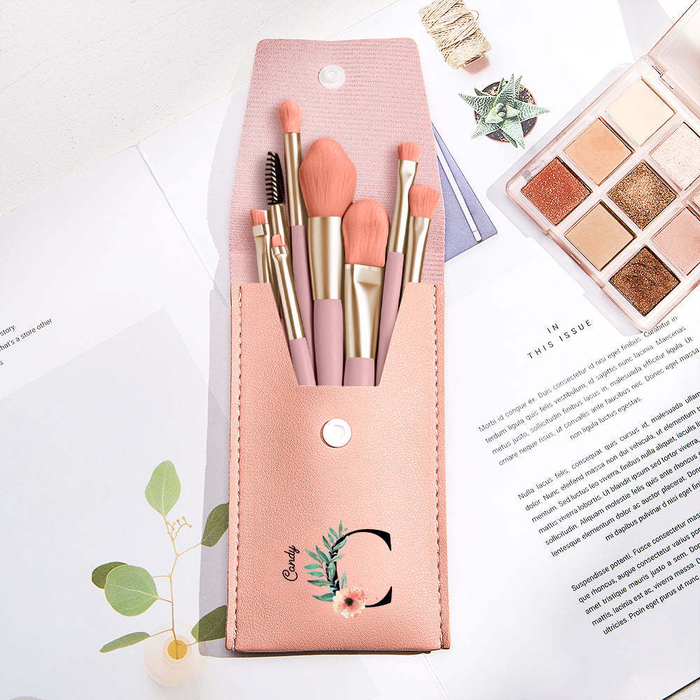 Personalized Flower Leather Makeup Brush Bag with 8 Pcs Makeup Brushes Gift for Her - 