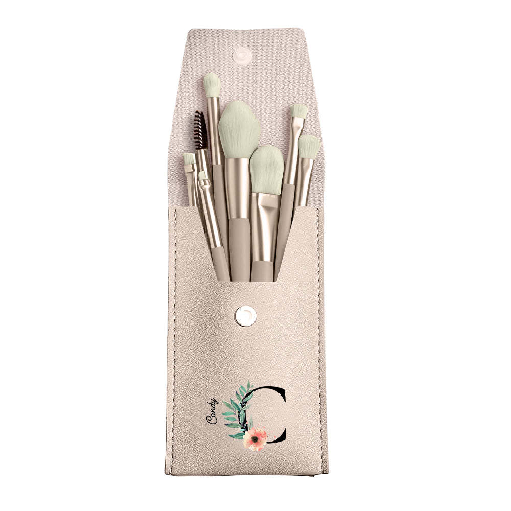 Personalized Flower Leather Makeup Brush Bag with 8 Pcs Makeup Brushes Gift for Her - 