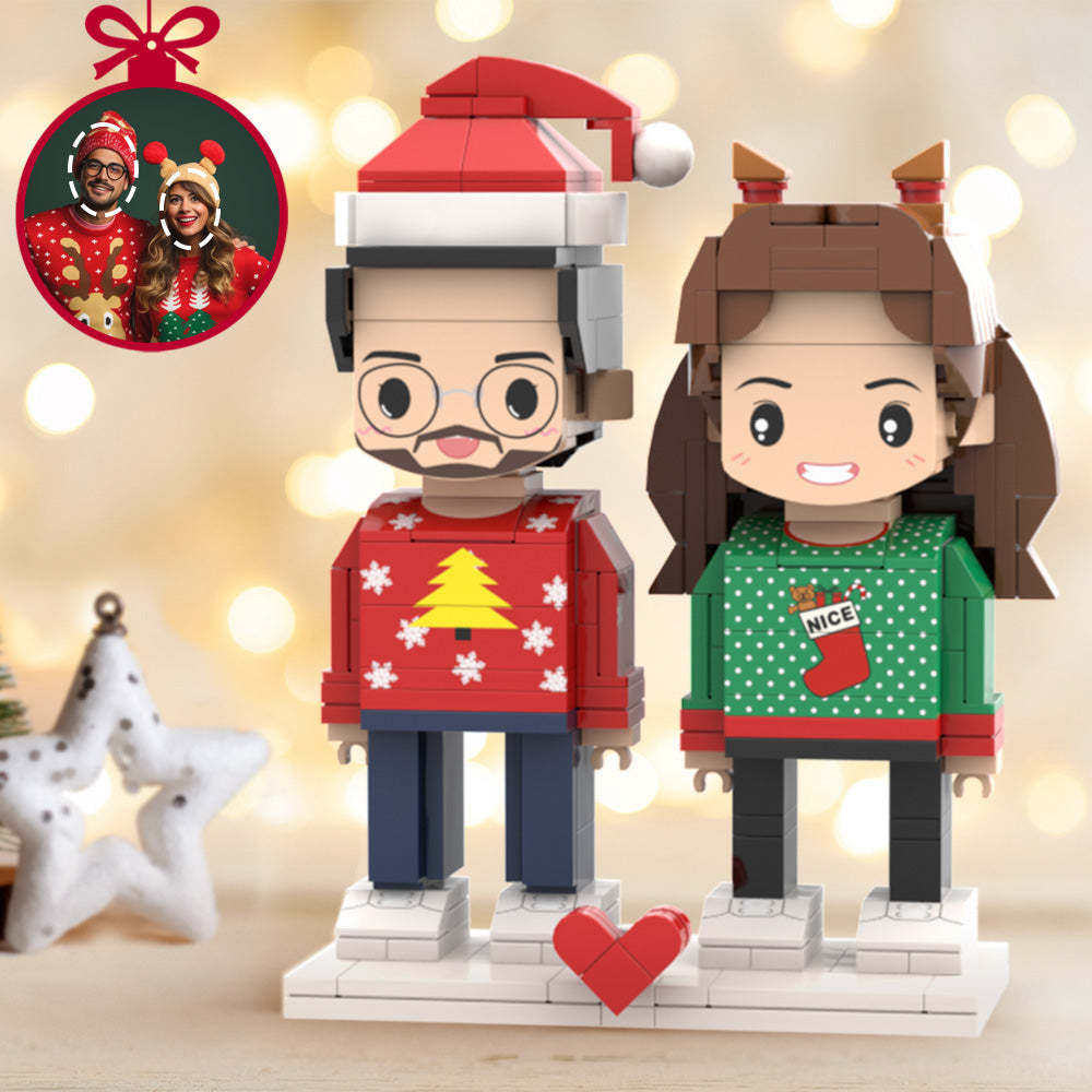 Personalized Christmas Dress Couple Brick Figures Custom Head 2 People Cute Brick Figures Small Particle Block Toy - MyCustomBrickheadz
