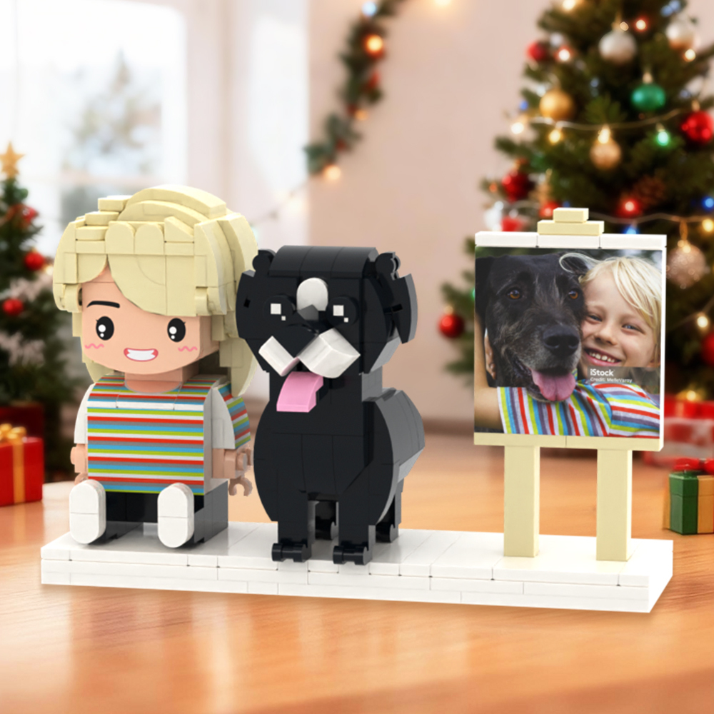 Personalized Full Body 2 People with Dog Brick Figures Custom Sitting Brick Figures - 