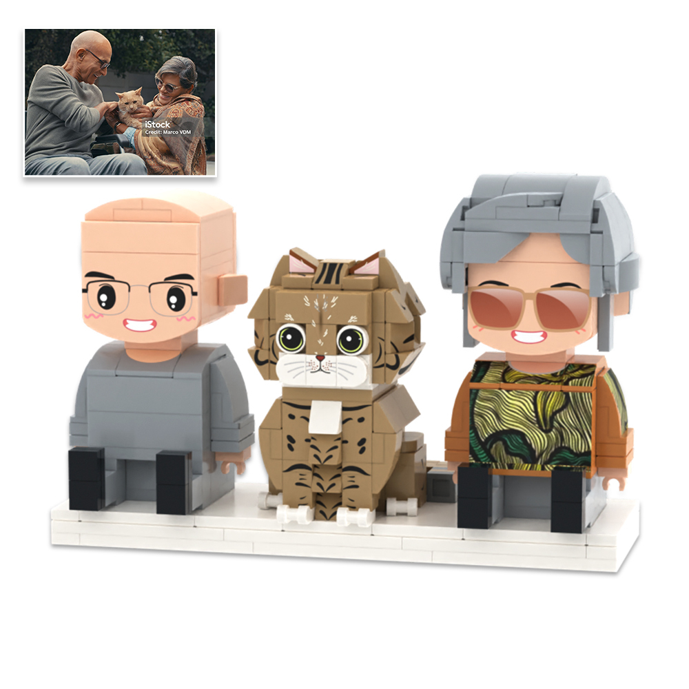 Personalized Full Body 2 People with Dog Brick Figures Custom Sitting Brick Figures - 