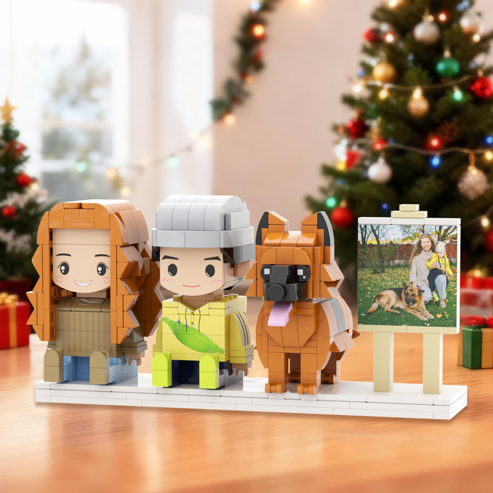 Personalized Full Body 2 People with Dog Brick Figures Custom Sitting Brick Figures - 