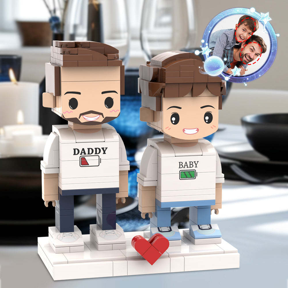Father's Day Gift Matching Shirt Battery Low Personalized Head 2 People Custom Brick Figures For Daddy - minebrickau