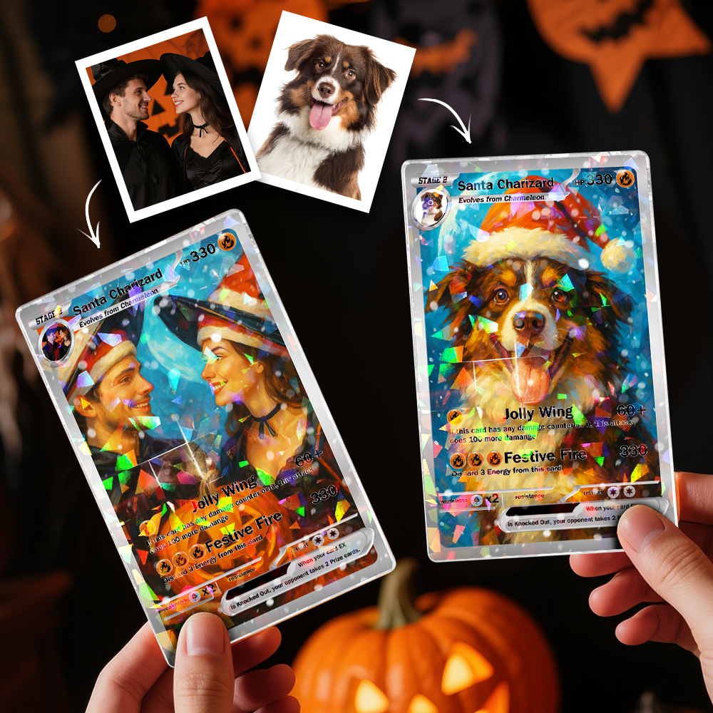 Custom Halloween & Christmas Couple Card – Personalized Cartoon Trading Card with Photo & Name, Unique Holiday Gift for Him & Her - 