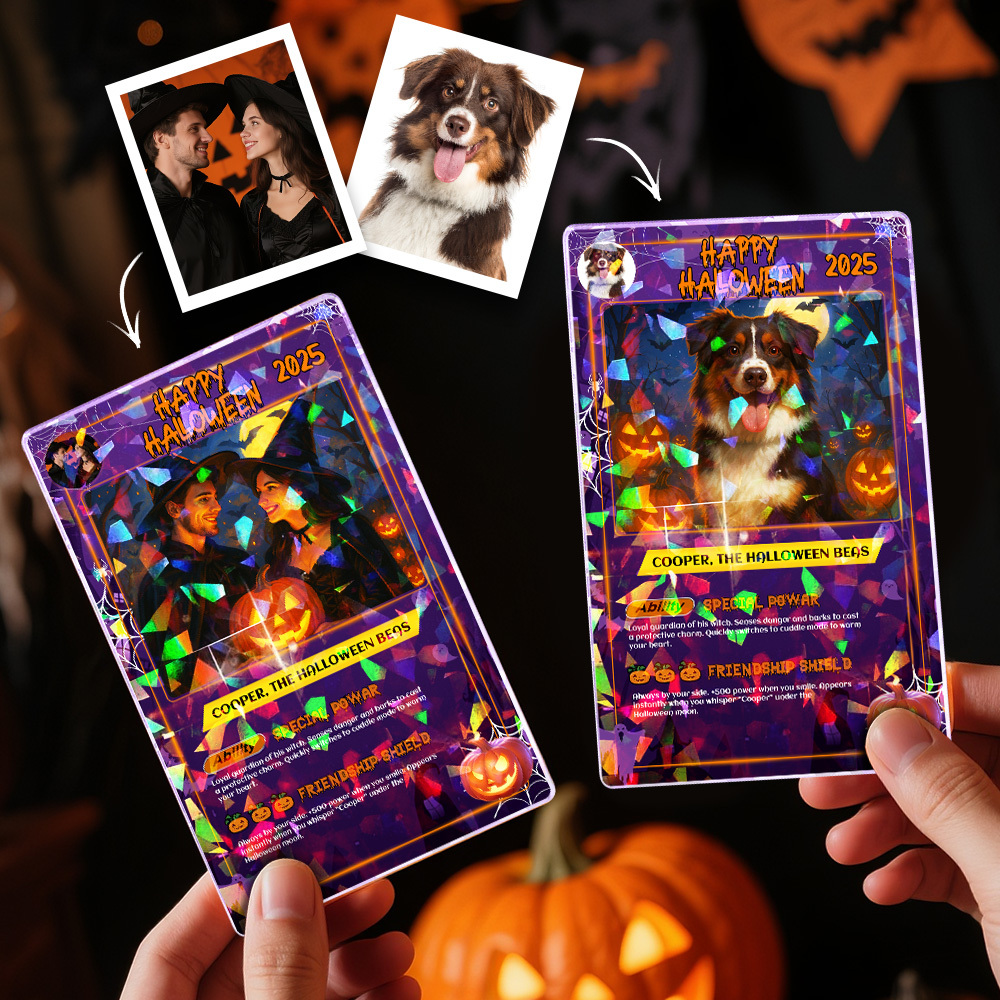Custom Halloween & Christmas Couple Card – Personalized Cartoon Trading Card with Photo & Name, Unique Holiday Gift for Him & Her - 