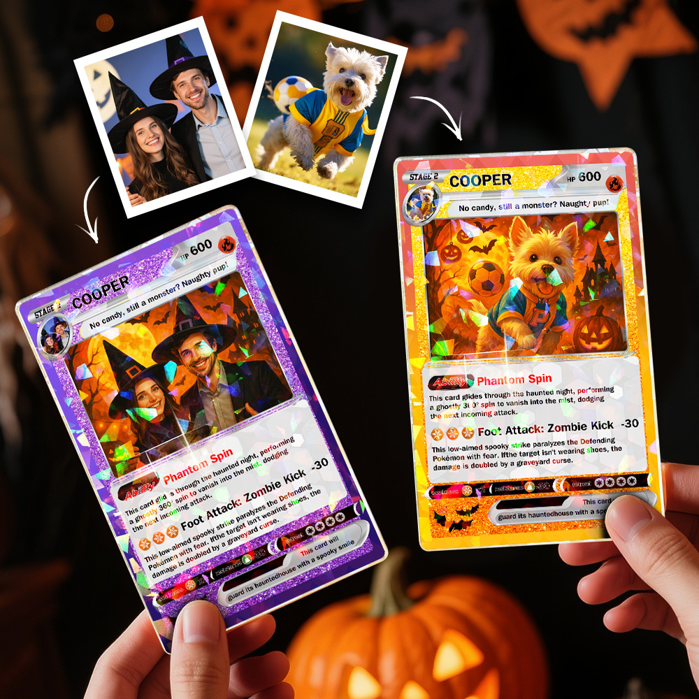 Custom Halloween & Christmas Couple Card – Personalized Cartoon Trading Card with Photo & Name, Unique Holiday Gift for Him & Her - 