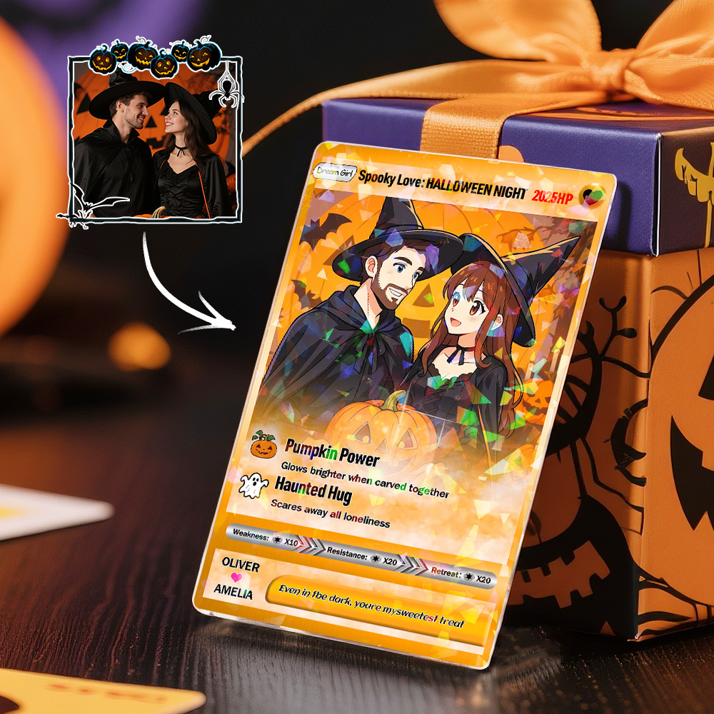Custom Halloween & Christmas Couple Card Personalized Cartoon Trading Card with Photo & Name, Unique Holiday Gift for Lover - 