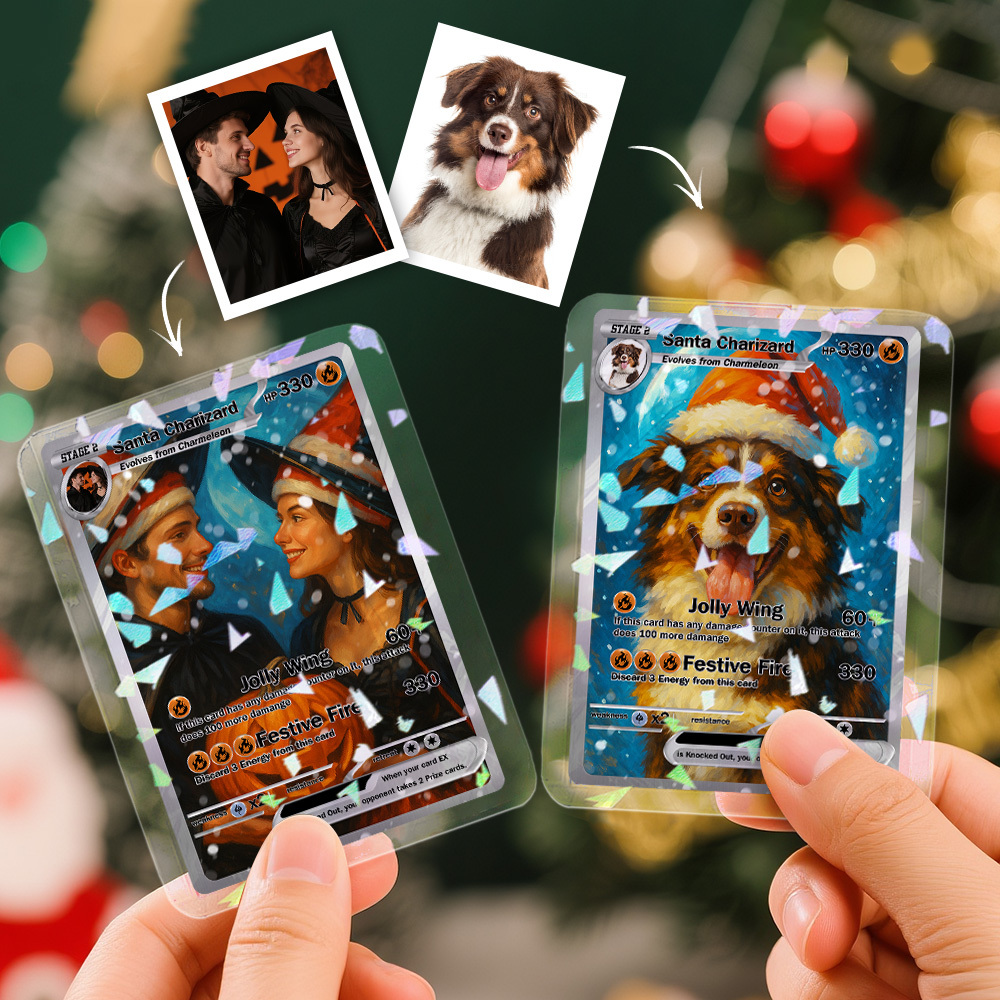 Custom Halloween & Christmas Couple Card – Personalized Cartoon Trading Card with Photo & Name, Unique Holiday Gift for Him & Her - 