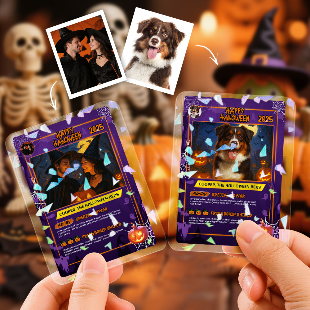 Custom Halloween & Christmas Couple Card – Personalized Cartoon Trading Card with Photo & Name, Unique Holiday Gift for Him & Her - 