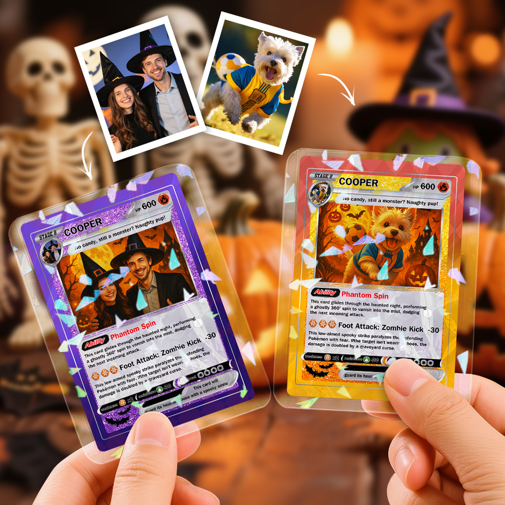 Custom Halloween & Christmas Couple Card – Personalized Cartoon Trading Card with Photo & Name, Unique Holiday Gift for Him & Her - 