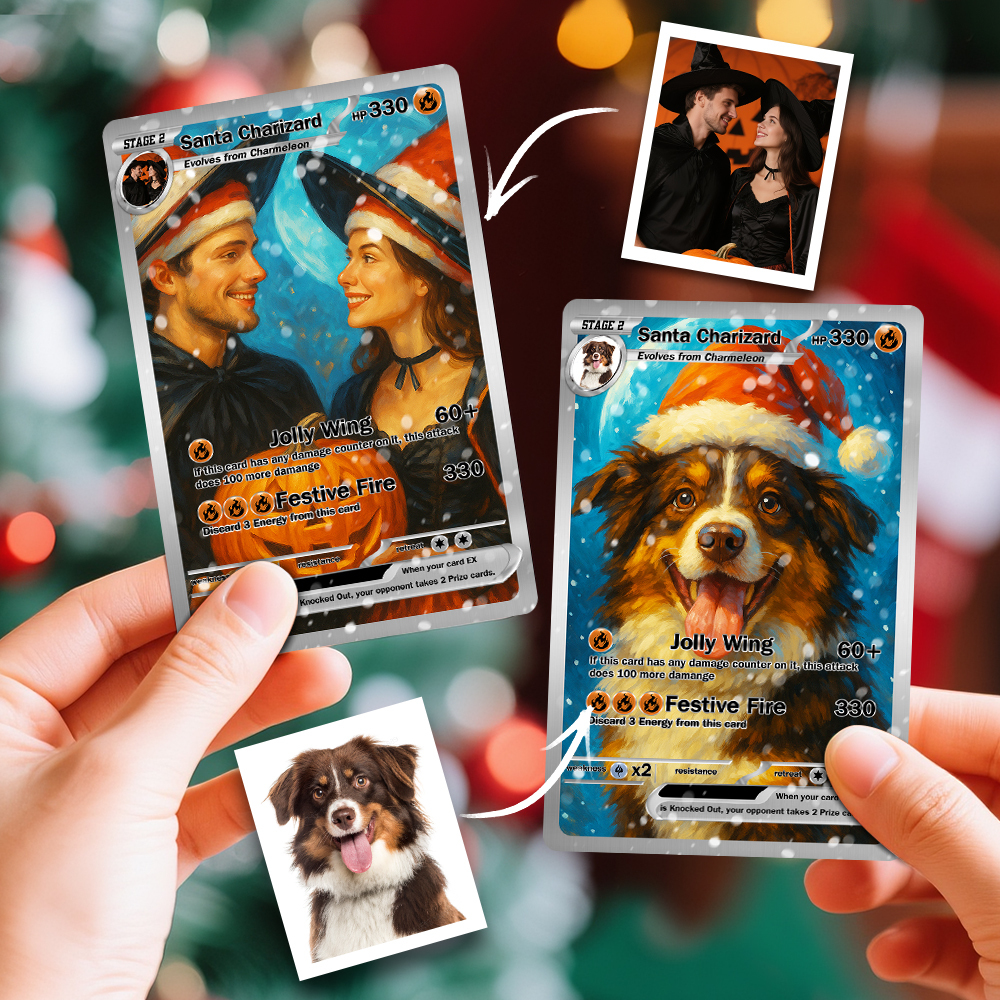 Custom Halloween & Christmas Couple Card – Personalized Cartoon Trading Card with Photo & Name, Unique Holiday Gift for Him & Her - 