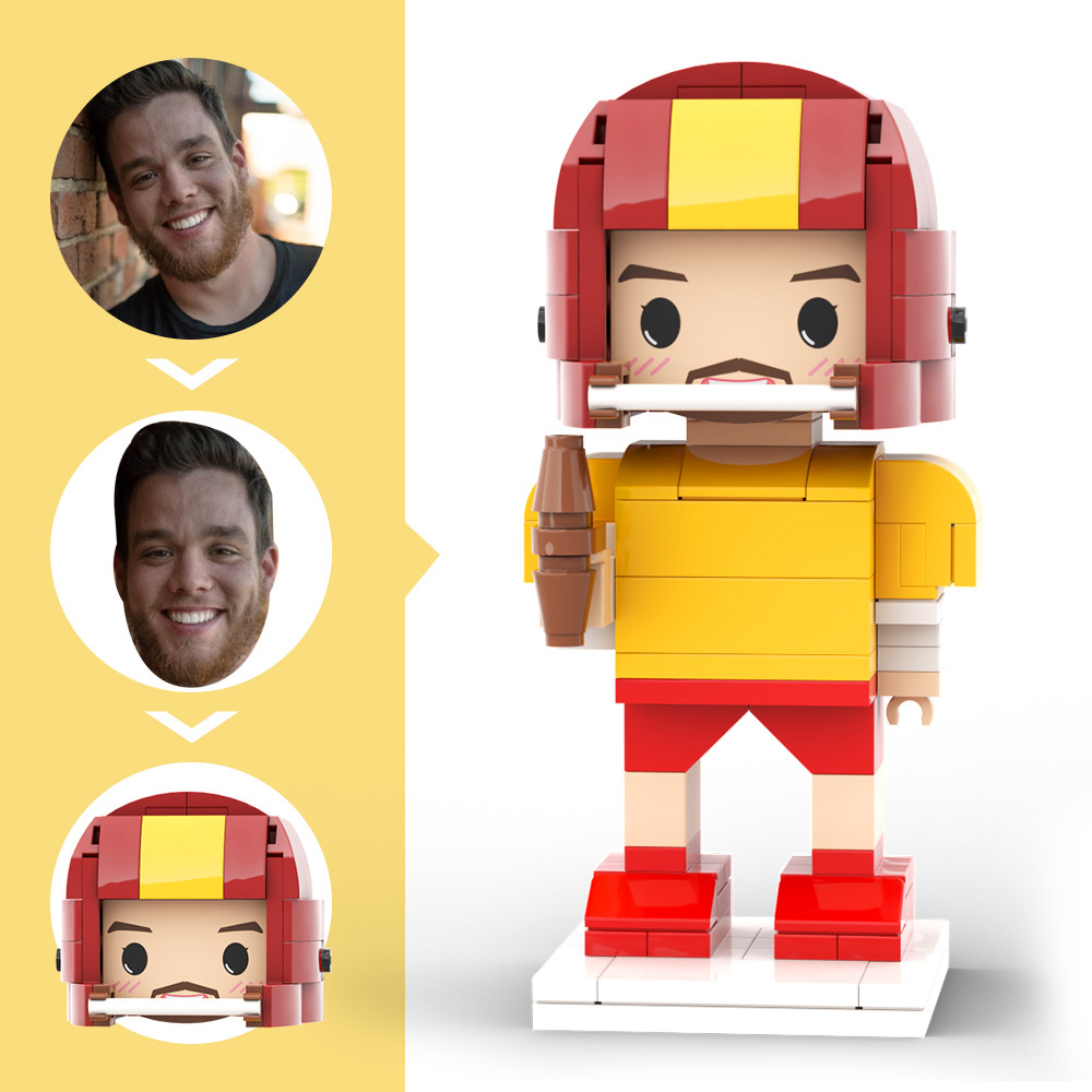 Customized Head Brick Figure Posing Football Player Holding Helmet Occupational Gift - 