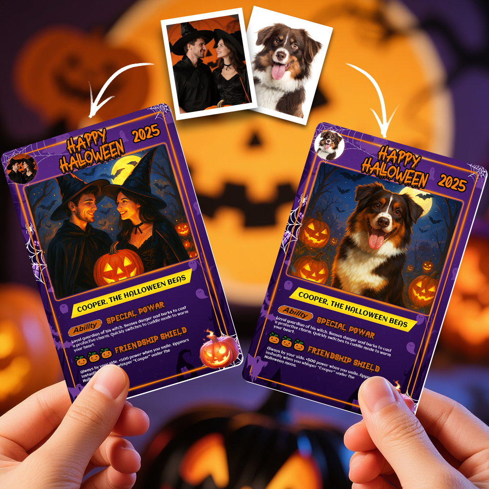 Custom Halloween & Christmas Couple Card – Personalized Cartoon Trading Card with Photo & Name, Unique Holiday Gift for Him & Her - 