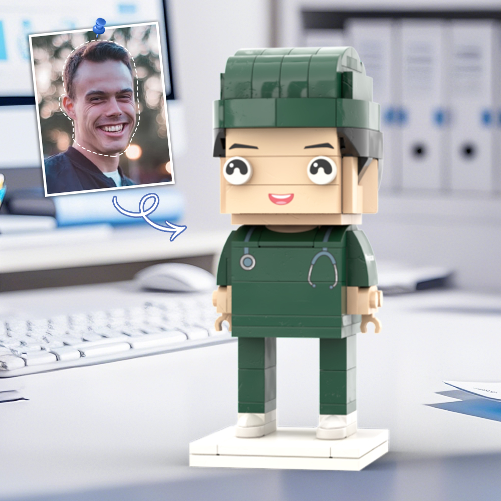 Doctors' Day Gift Physician Student in Surgical Gown Customized Head Brick Figure with Engraved Text