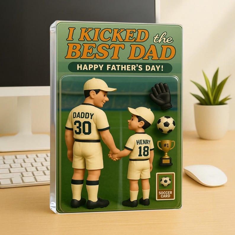 Personalized Soccer Dad Action Figure Plaque – Custom Father's Day Gift, We Kicked the Best Dad Acrylic Block, Unique Gift for Dad or Papa