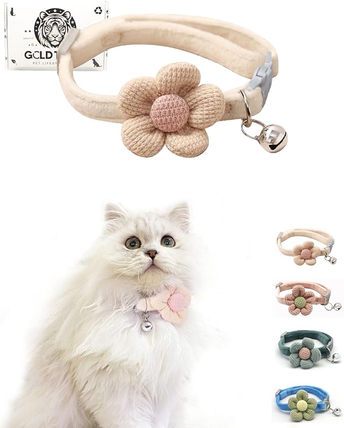 Breakaway Cat Collar with Flower and Bell, Adjustable Cute Kitten Collar.