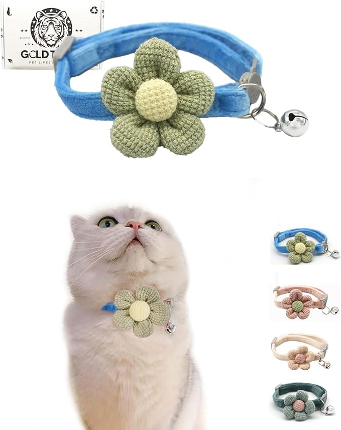 Breakaway Cat Collar with Flower and Bell, Adjustable Cute Kitten Collar.