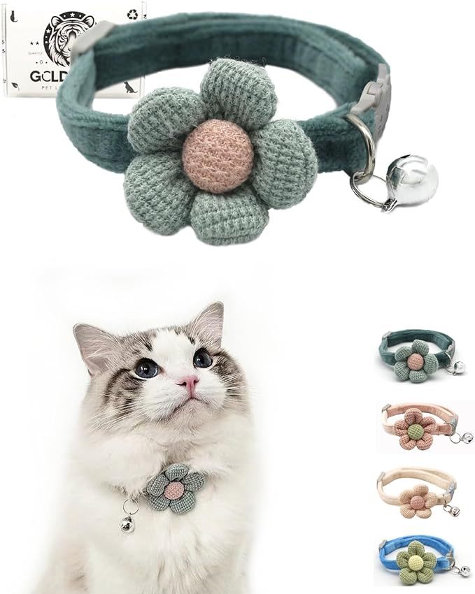 Breakaway Cat Collar with Flower and Bell, Adjustable Cute Kitten Collar.