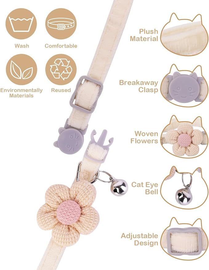 Breakaway Cat Collar with Flower and Bell, Adjustable Cute Kitten Collar.