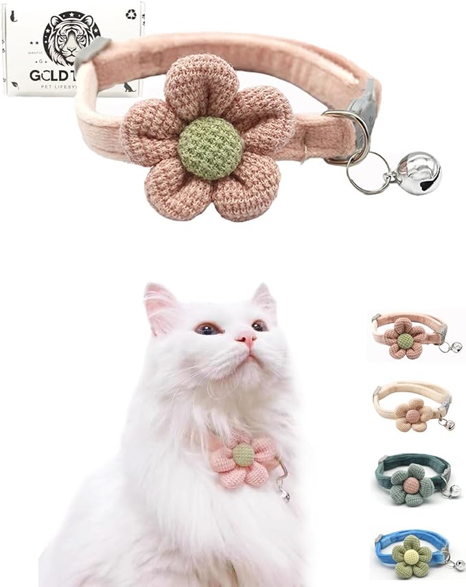 Breakaway Cat Collar with Flower and Bell, Adjustable Cute Kitten Collar.
