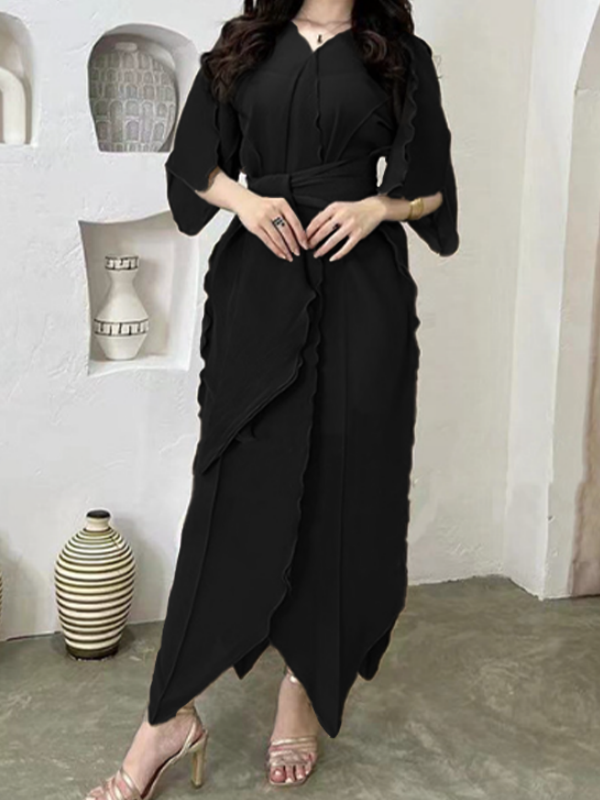 Pleated V-neck Lace-up Ruffled Casual Dresses