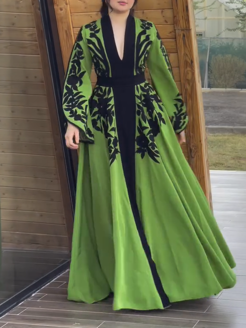 Printed Waisted A-line Trumpet Sleeves Dress