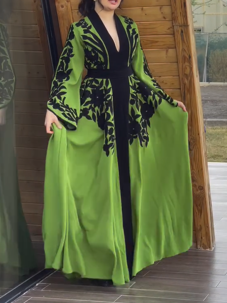 Printed Waisted A-line Trumpet Sleeves Dress