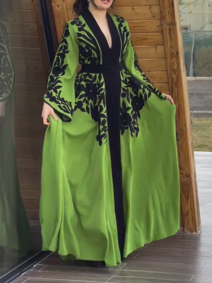 Printed Waisted A-line Trumpet Sleeves Dress