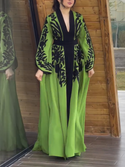 Printed Waisted A-line Trumpet Sleeves Dress