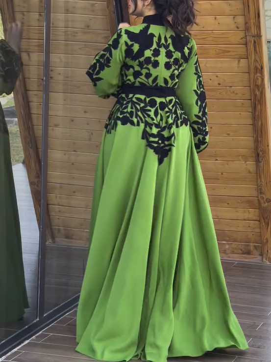 Printed Waisted A-line Trumpet Sleeves Dress
