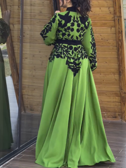 Printed Waisted A-line Trumpet Sleeves Dress