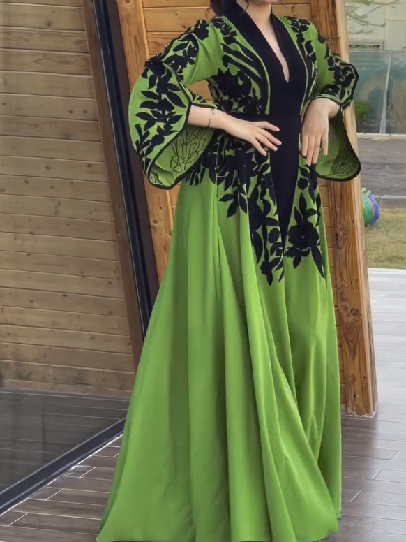 Printed Waisted A-line Trumpet Sleeves Dress