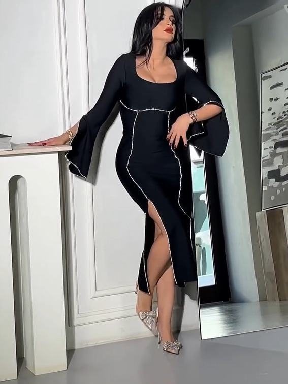 Lotus Leaf Trumpet Sleeve Slim Hip Evening Dress