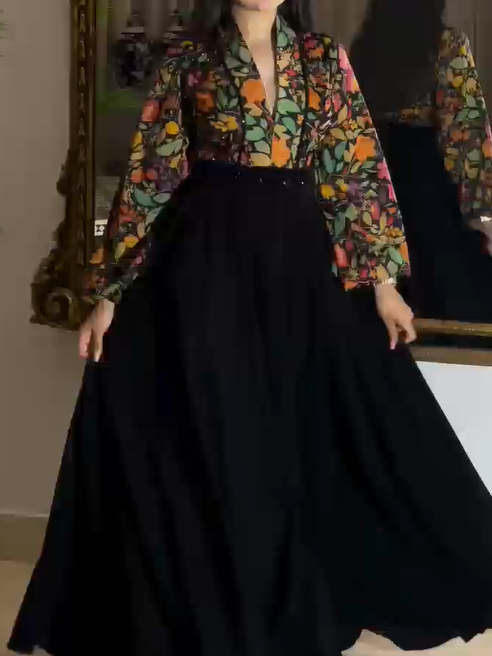 V- Neck Fashion Casual Print Maxi Dress