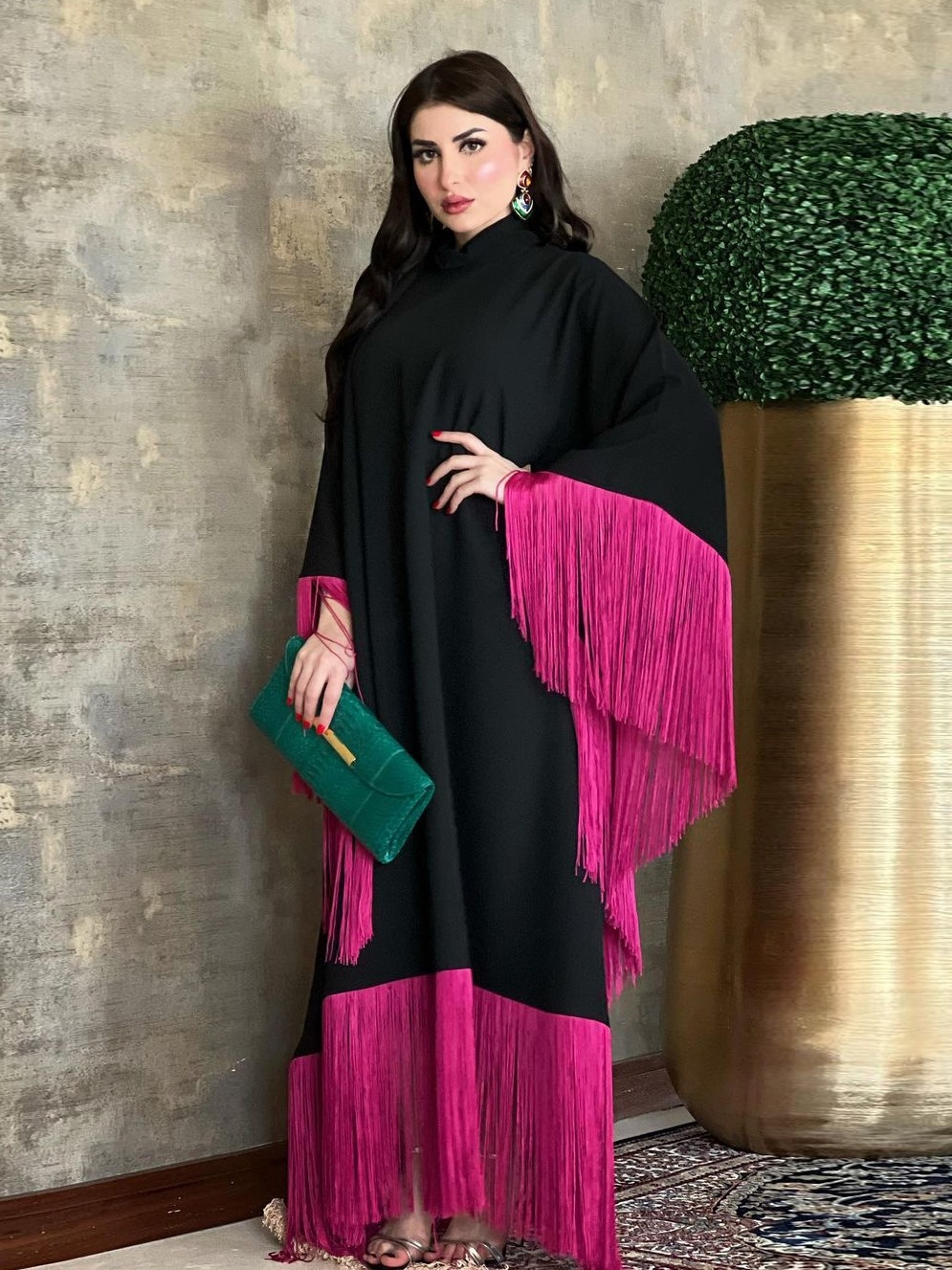 Bat Sleeve Fringe Dress