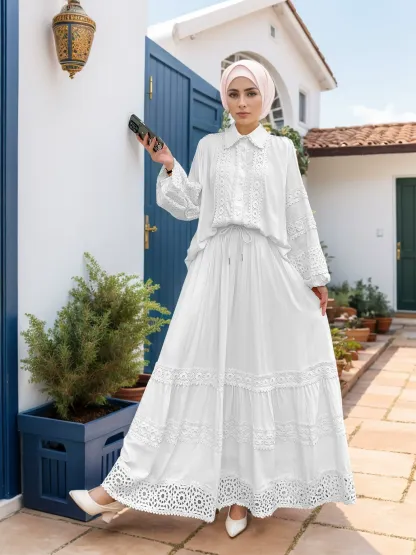 2pcs Lace Patchwork Bubble Sleeve Top and Hemmed Skirt Set