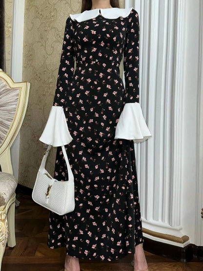 Flared Cuff Floral Print Lace-Up Dress